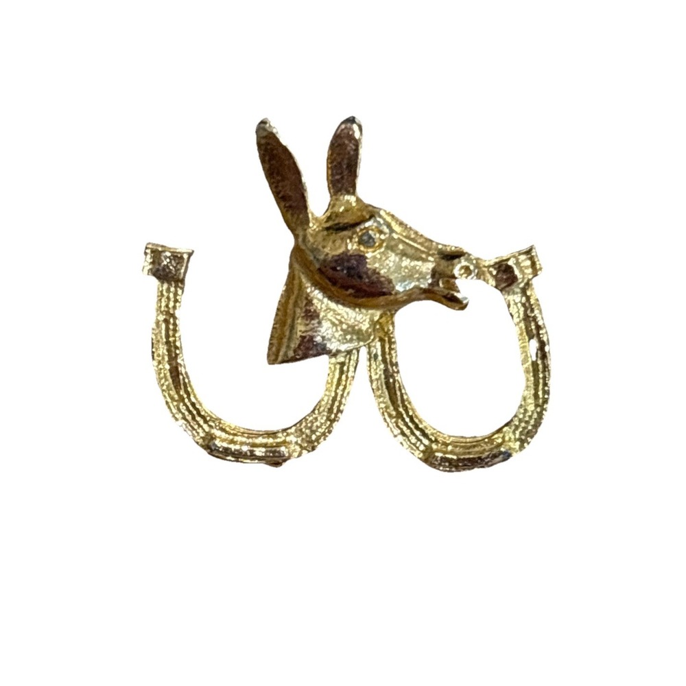 Vintage Horse Head Horseshoe Gold Tone Brooch Lapel Pin Hat Pinback Equestrian